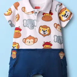Babyhug Interlock Knit Half Sleeves Romper with Animal Print - Navy Blue & White-picture-19