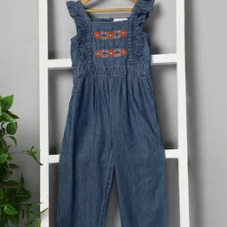 Budding Bees Denim Woven Sleeveless Floral Embroidered Frill Detailed Jumpsuit - Blue-picture-13