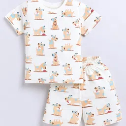 Snuggly Monkey 100% Cotton Knit Half Sleeves Dogs Printed Coordinating Night Suit Set - Cream image 1