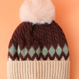Babyhug Woollen Cap with Cable Knit Design & Pom Pom Brown - Diameter 12 cm image 2
