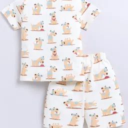 Snuggly Monkey 100% Cotton Knit Half Sleeves Dogs Printed Coordinating Night Suit Set - Cream image 3