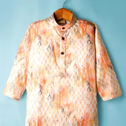 Ridokidz Full Sleeves Ikat Printed Kurta Pyjama Set - Orange image 2