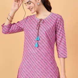 NEESH Women Horizontal Striped Tie-Up Neck Cotton Top image 1