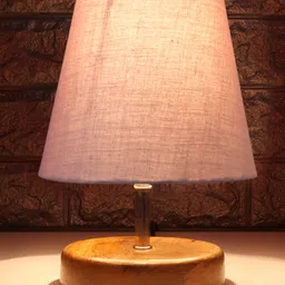 Devansh Grey cotton Round Natural Wood Table Lamp image 3