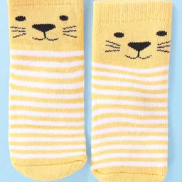 Cute Walk by Babyhug Terry Knit Ankle Length Antibacterial Striped Socks with Polka Dots & Animal Design Pack of 3 - Light Blue Yellow & Red image 4