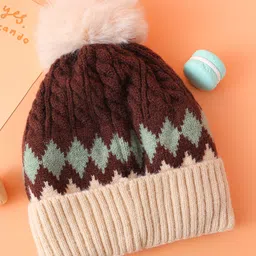 Babyhug Woollen Cap with Cable Knit Design & Pom Pom Brown - Diameter 12 cm image 4