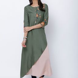 Vishudh Women Beige & Olive Green Embroidered Asymmetric Hemline A-Line Kurta-picture-18