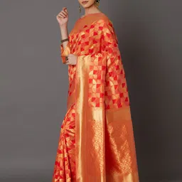 Mitera Orange Silk Blend Woven Design Kanjeevaram Saree image 3