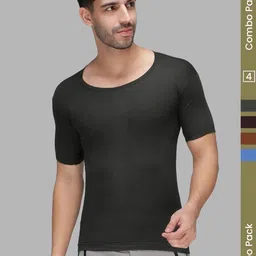 Amul Comfy Men Pack of 4 Plain Cotton Multi Colour Vest With Sleeve-picture-11