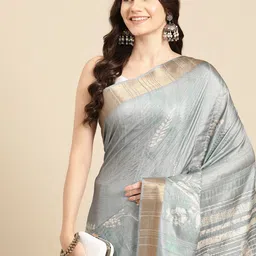 Silk Land Floral Printed Zari Block Print Saree image 1