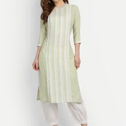 HK colours of fashion Women Lime Green Striped Thread Work Kurta-image-4