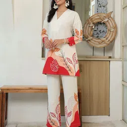 JISORA Off White & Red Floral Printed V Neck Top With Trousers Co-Ords image 2