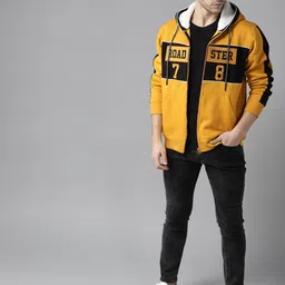 Roadster Men Mustard Yellow & Black Self Design Hooded Sweatshirt image 2