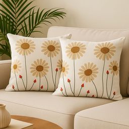 MFD HOME FURNISHING Cream-Coloured Set of 2 Floral Square Cushion Covers-picture-16