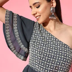 Libas Embellished Embroidered One Shoulder Flared Sleeves Georgette Maxi Dress image 2