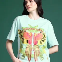 DressBerry Women Drop-Shoulder Sleeves Tropical Pure Cotton T-shirt-image-56