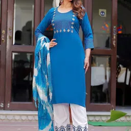 G4Girl Women Floral Yoke Design Regular Thread Work Kurta with Trousers & With Dupatta image 5