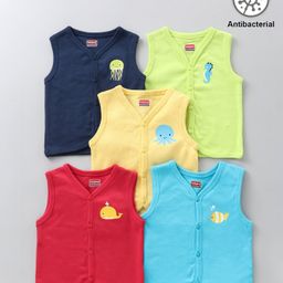 Babyhug 100% Cotton Anti-Bacterial Vests Sea Creatures Print Pack Of 5 - Multicolor-picture-23
