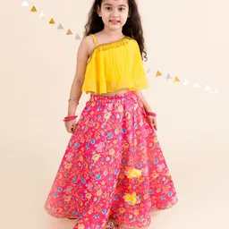 Pspeaches Sleeveless Embellished One Shoulder Choli With Digital Floral Printed Lehenga - Yellow Pink-picture-37