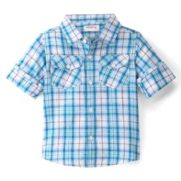 Babyhug 100% Cotton Full Sleeves Checks Two Pocket Shirt - Blue-image-38