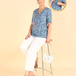 Zelena  100% Cotton Half Sleeves Leaves  Printed Maternity Top With Concealed Nursing Access  - Aqua Blue-picture-20