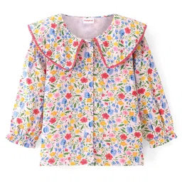 Babyhug Rayon Knit Full Sleeves Front Open Peter Pan Collar Top with Floral Print- White-picture-13