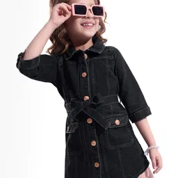 Hola Bonita Full Sleeves Front Open Solid Color Denim Shirt Dress - Black-picture-19