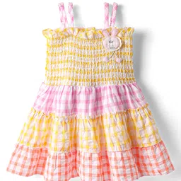 Dew Drops Cotton Woven Sleeveless Checks Frock With Bunny Applique & Smocked Detailing - Lemon Yellow-picture-20