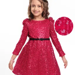 Hola Bonita Knit Full Sleeves Party Wear Sequin Dress With Belt - Red-image-24