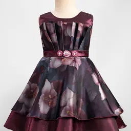 Bluebell Woven Sleeveless Party Dress with Floral Print & Pleat Detailing - Wine-image-44