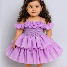 TINY MINY MEE Elastane Woven Cold Shoulder Sleeves Ruffle Detailed & Pearls Embellished Layered Dress - Lavender-image-34