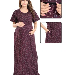 Fabme Sinker Knit Half Sleeves Geometric Printed Maternity Nighty With Horizontal Zipper Nursing Access - Purple-picture-11