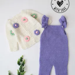 Woonie Hand Knitted Full Sleeves Floral Applique Detailed Sweater With Solid Dungaree - Purple-picture-10