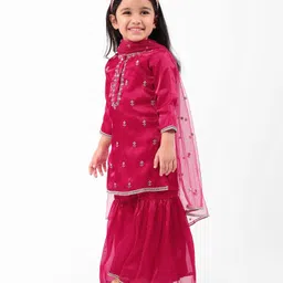 Babyhug Woven Three Fourth Sleeves Georgette Embroidered Kurti Gharara With Dupatta - Dark Pink image 2