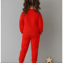 KUCHIPOO Fleece Knit Full Sleeves Mommys Cutie Text & Butterfly Printed Winter Sweatshirt & Joggers Set - Red image 3