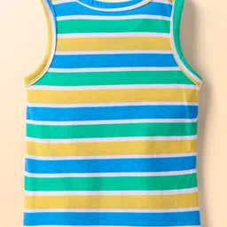 Babyhug 100% Cotton Antibacterial Sando With Stripes & Animal Print Pack Of 3 - Light Blue Yellow & Turquoise image 2