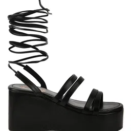 Shoetopia Solid Platform Heeled Tie Up Sandals - Black image 4