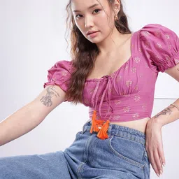 fusion by glitchez Geometric Printed Puff Sleeve Crop Top-image-83