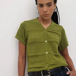 The Roadster Life Co. Open Knit Self Design Button Down Shirt Style Top-image-89