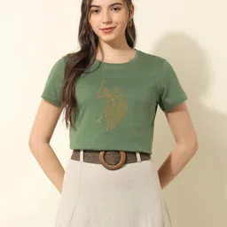 U.S. Polo Assn. Women Women Floral Printed Extended Sleeves Pure Cotton Applique T-shirt-image-59