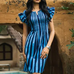 Satnam Handicrafts Striped Notch Neck Flutter Sleeves Pleated Pure Cotton A-Line Dress-image-22