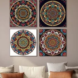 nestroots Vibrant Floral Circle Black & White 4 Pieces Printed Canvas Wall Art-picture-16