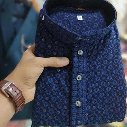 click n buy CRYSTALREVENUE Men Chikan Embroidery Straight Kurta (Dark Blue)-picture-19