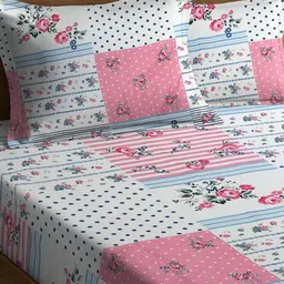 WEAVE AND DECOR White & Pink Floral 300 TC Queen Bedsheet with 2 Pillow Covers image 2