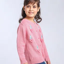 Babyoye Full Sleeves Cotton Front Open Sweater Grape Embroidery - Pink image 2