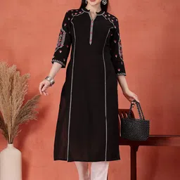 Sangria Floral Embroidered Thread Work Mandarin Collar Pure Cotton Straight Kurta-image-29