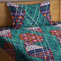 Aura Green & Red Geometric 350 TC Single Bedsheet with 1 Pillow Covers image 2