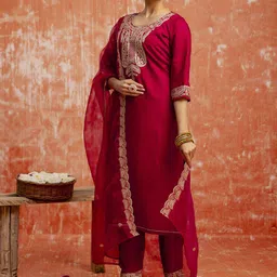 VredeVogel Women Embroidered Regular Kurta with Trousers & With Dupatta-picture-18
