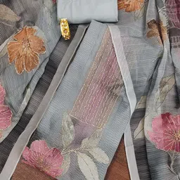 SAINOOR Floral Printed Organza Thread Work Unstitched Dress Material-image-48