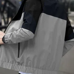 NATRIS Men Colourblocked Windcheater Biker Jacket with Patchwork image 3